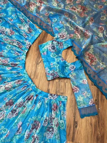 Sky blue organza floral printed lehenga choli