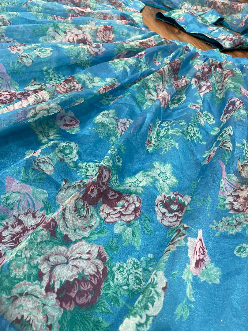Sky blue organza floral printed lehenga choli