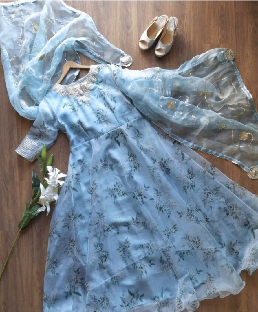 Sky blue organza printed anarkali suit