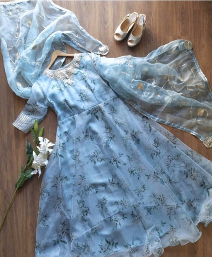 Sky blue organza printed anarkali suit