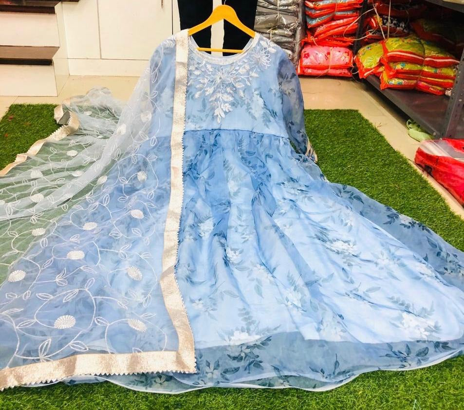 Sky blue organza printed anarkali suit