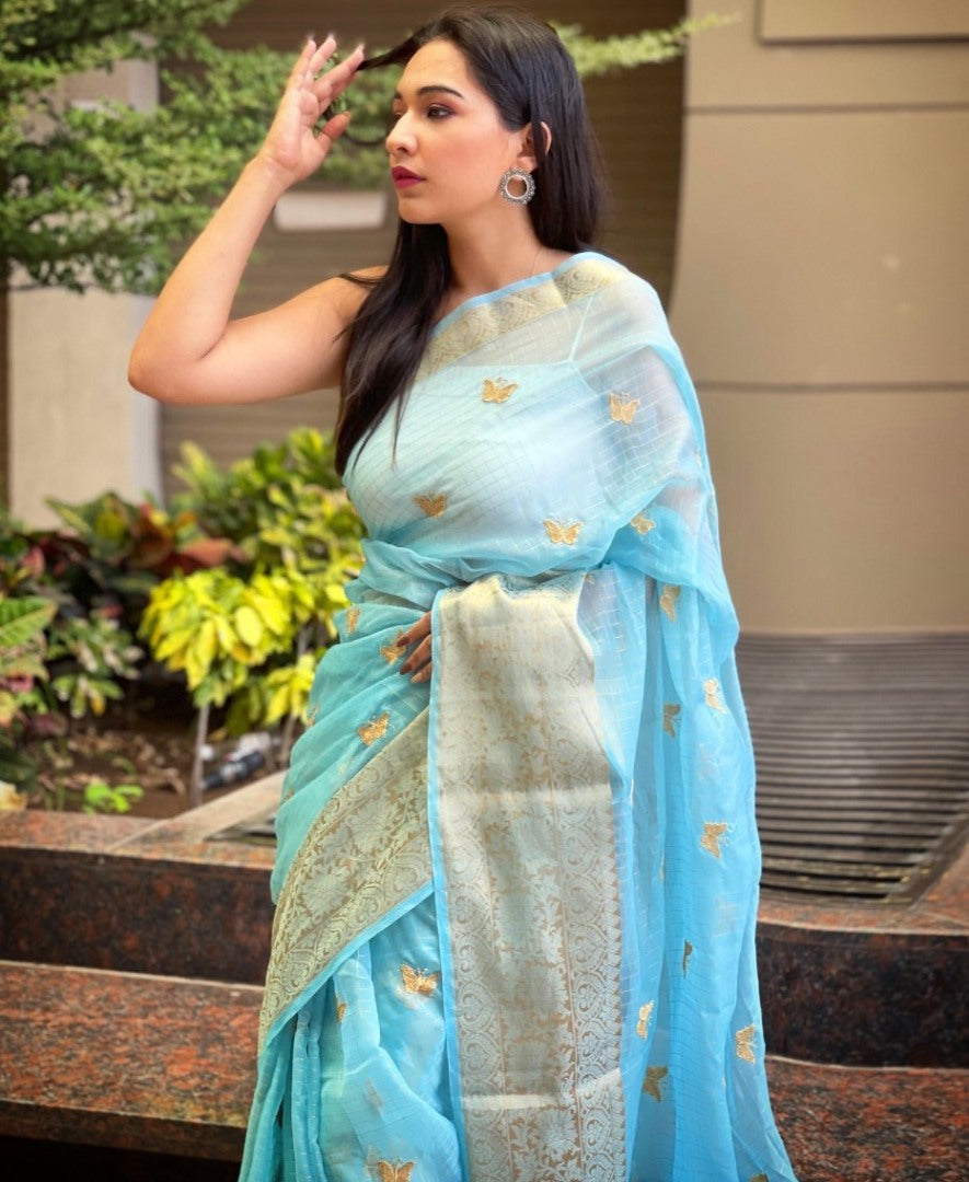 Sky blue organza sequence embroidered designer party wear saree