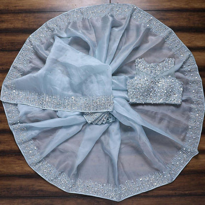 Sky blue organza sequence work saree