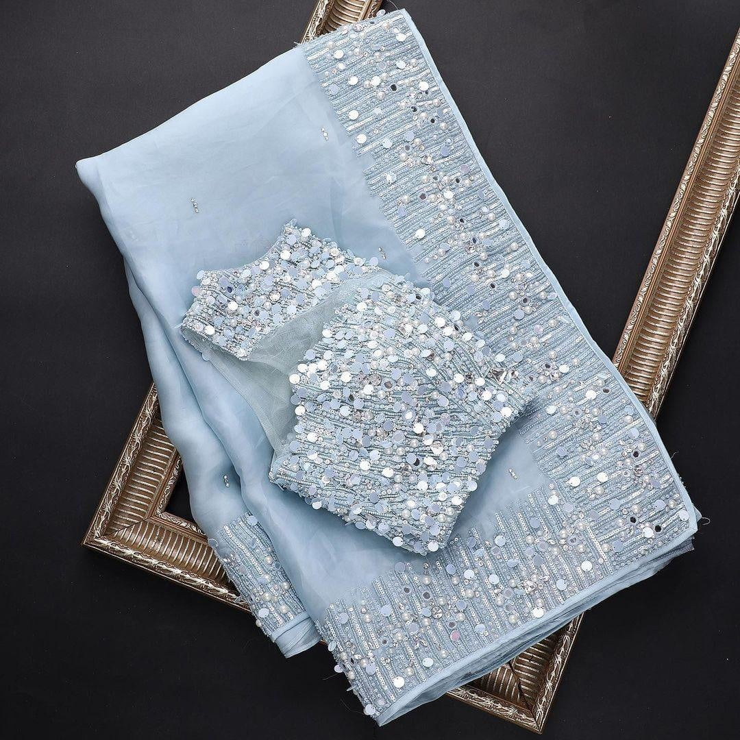 Sky blue organza sequence work saree