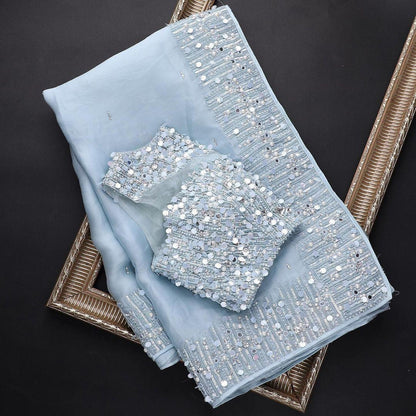 Sky blue organza sequence work saree