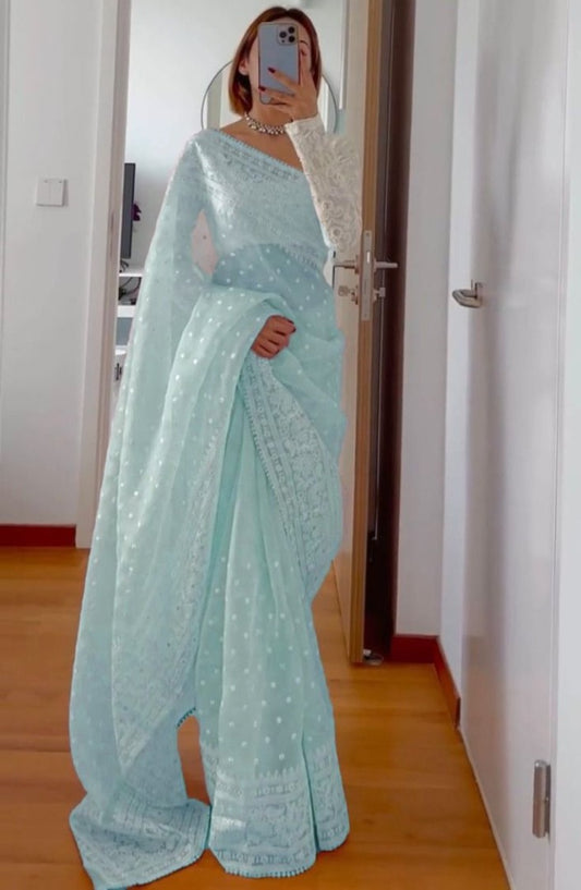 Sky blue organza silk heavy thread embroidery work saree for ceremony