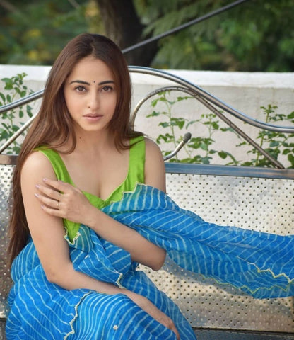 Sky blue organza silk printed and handworked saree