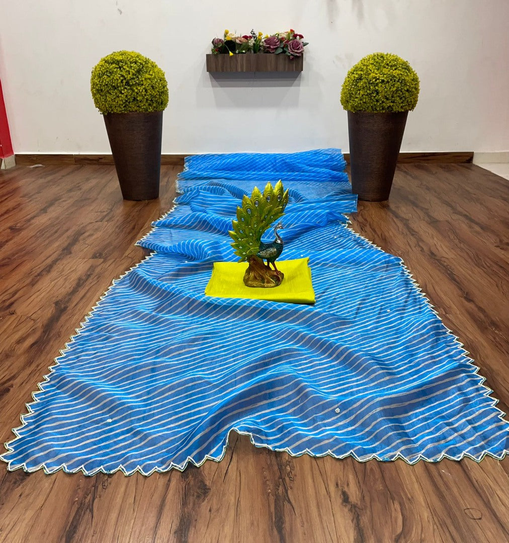 Sky blue organza silk printed and handworked saree