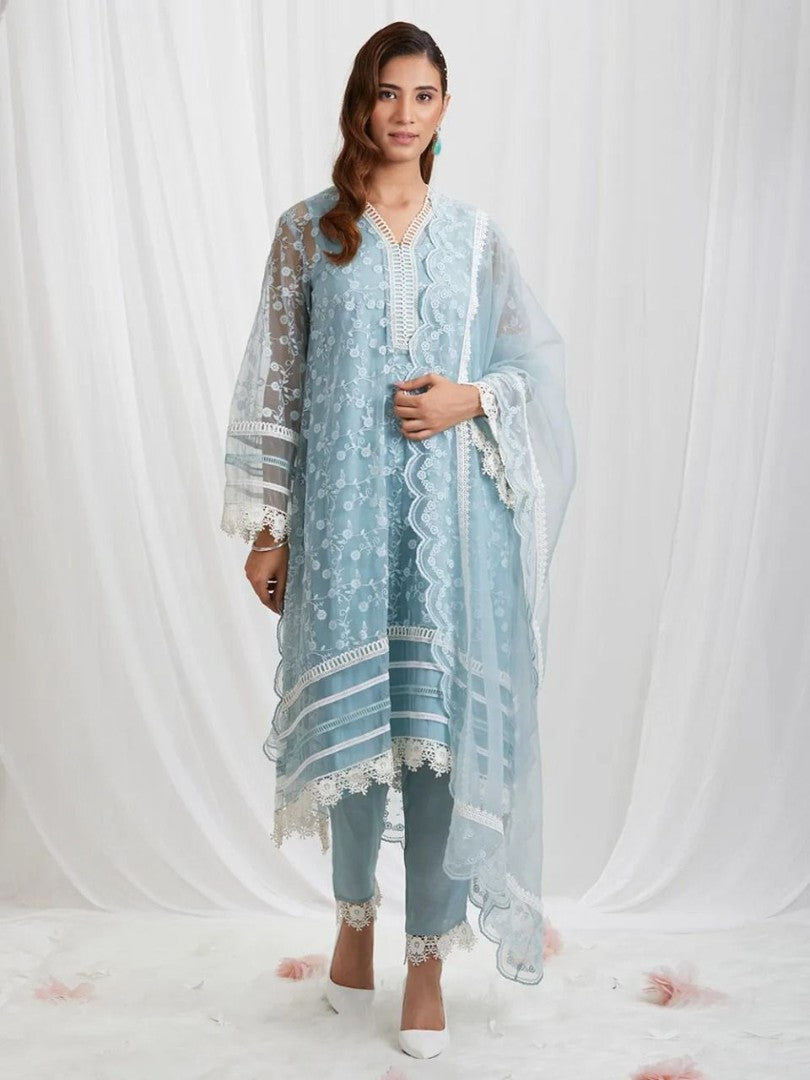 Sky blue organza thread embroidered pant suit