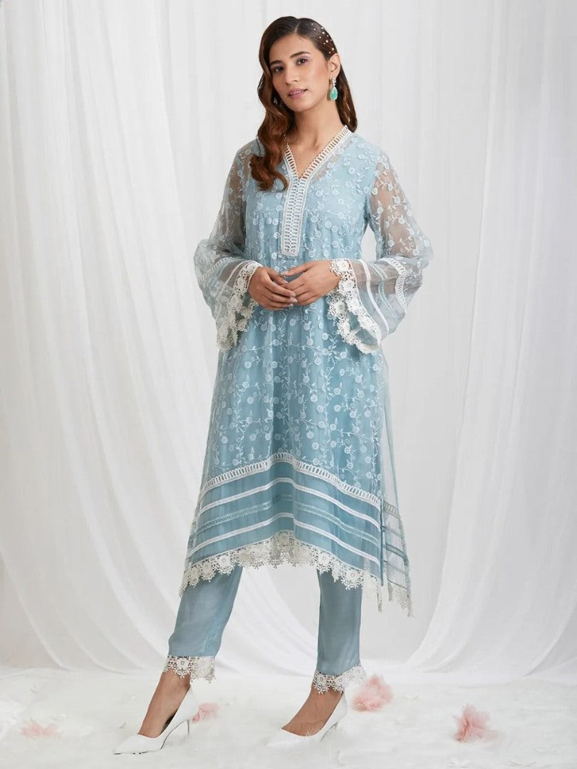 Sky blue organza thread embroidered pant suit