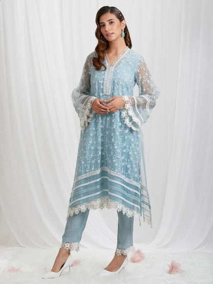 Sky blue organza thread embroidered pant suit