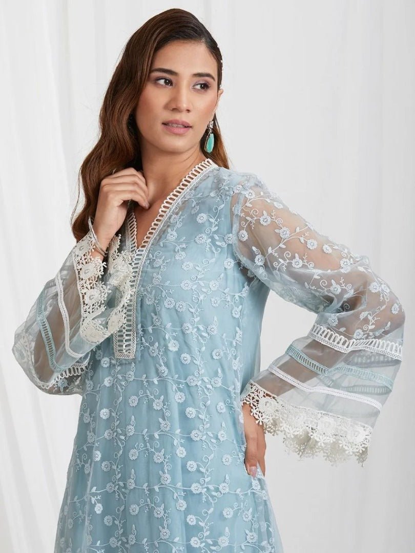 Sky blue organza thread embroidered pant suit