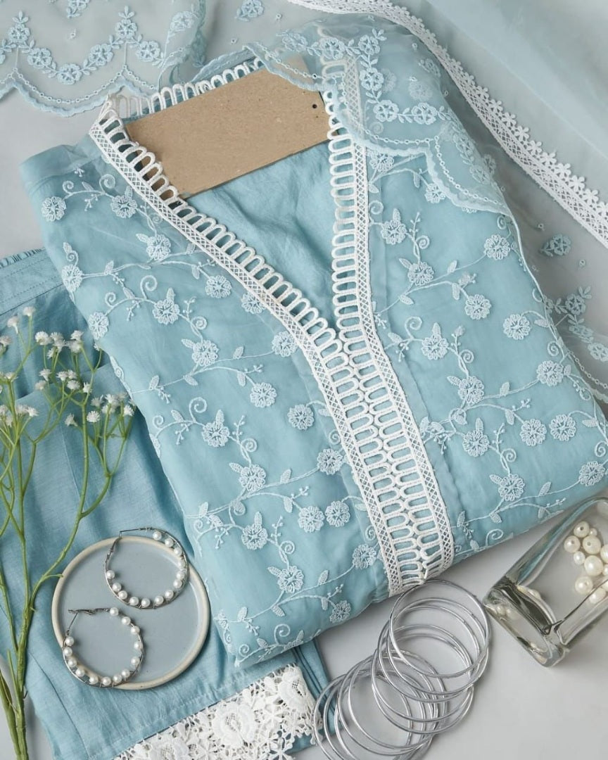 Sky blue organza thread embroidered pant suit