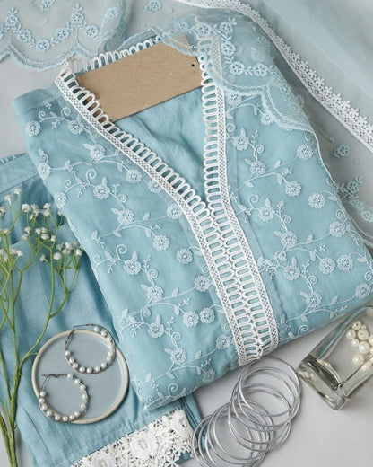 Sky blue organza thread embroidered pant suit