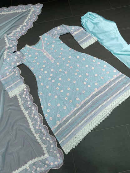 Sky blue organza thread embroidered pant suit