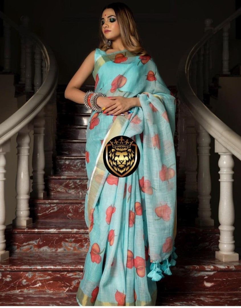Sky blue original linen digital printed work saree