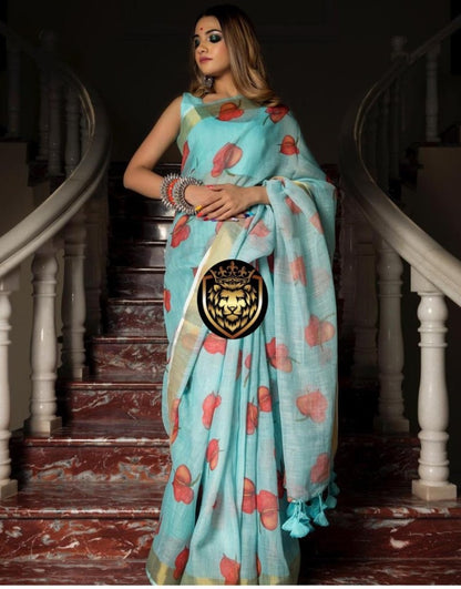 Sky blue original linen digital printed work saree