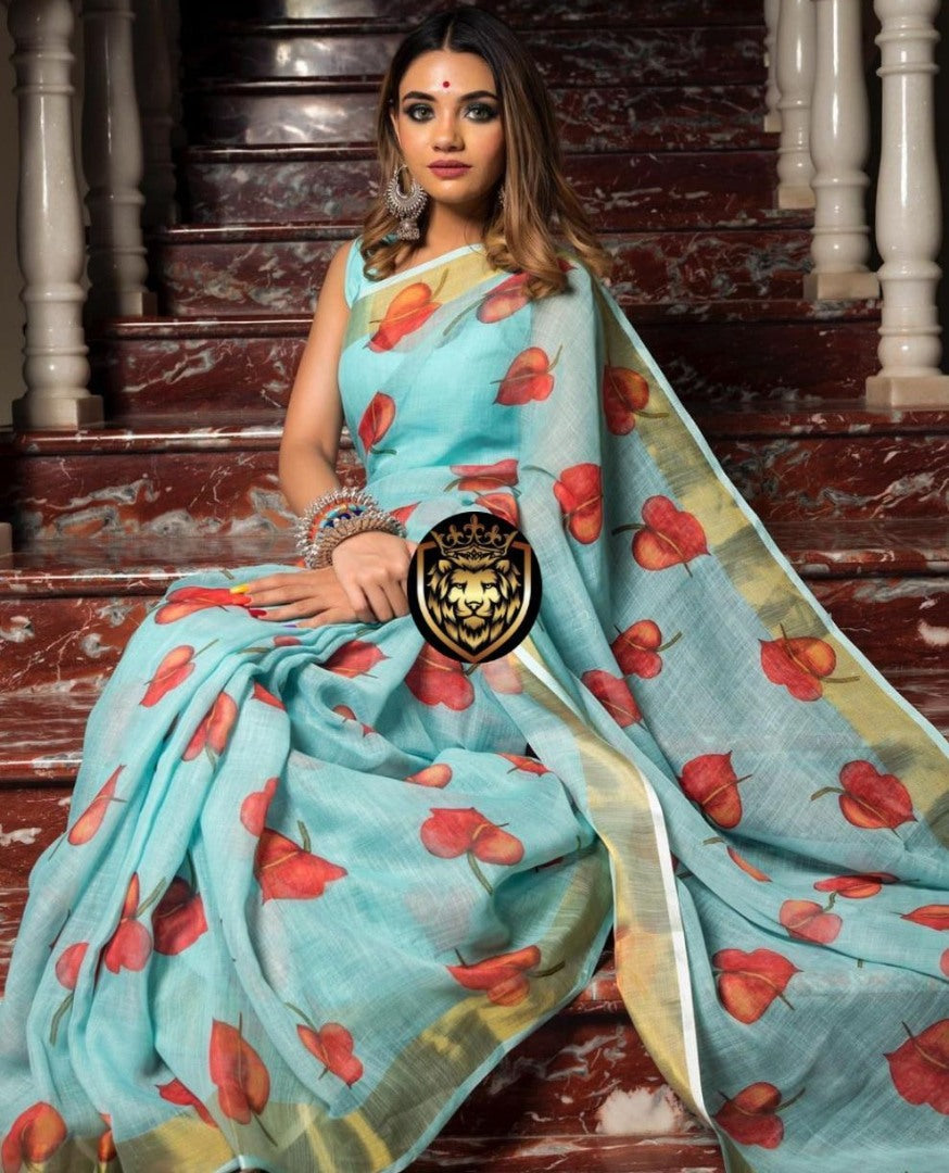 Sky blue original linen digital printed work saree