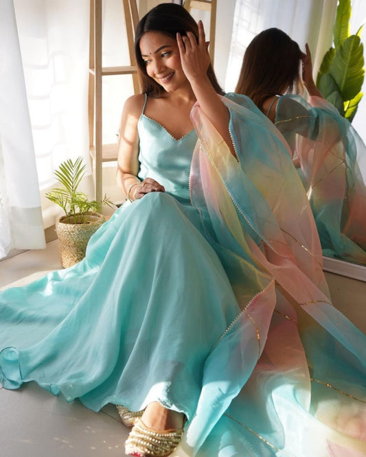 Sky blue plain gown with rainbow organza dupatta