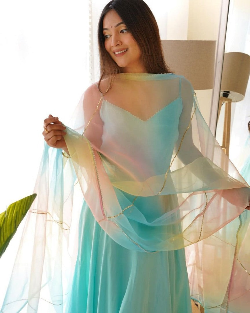 Sky blue plain gown with rainbow organza dupatta