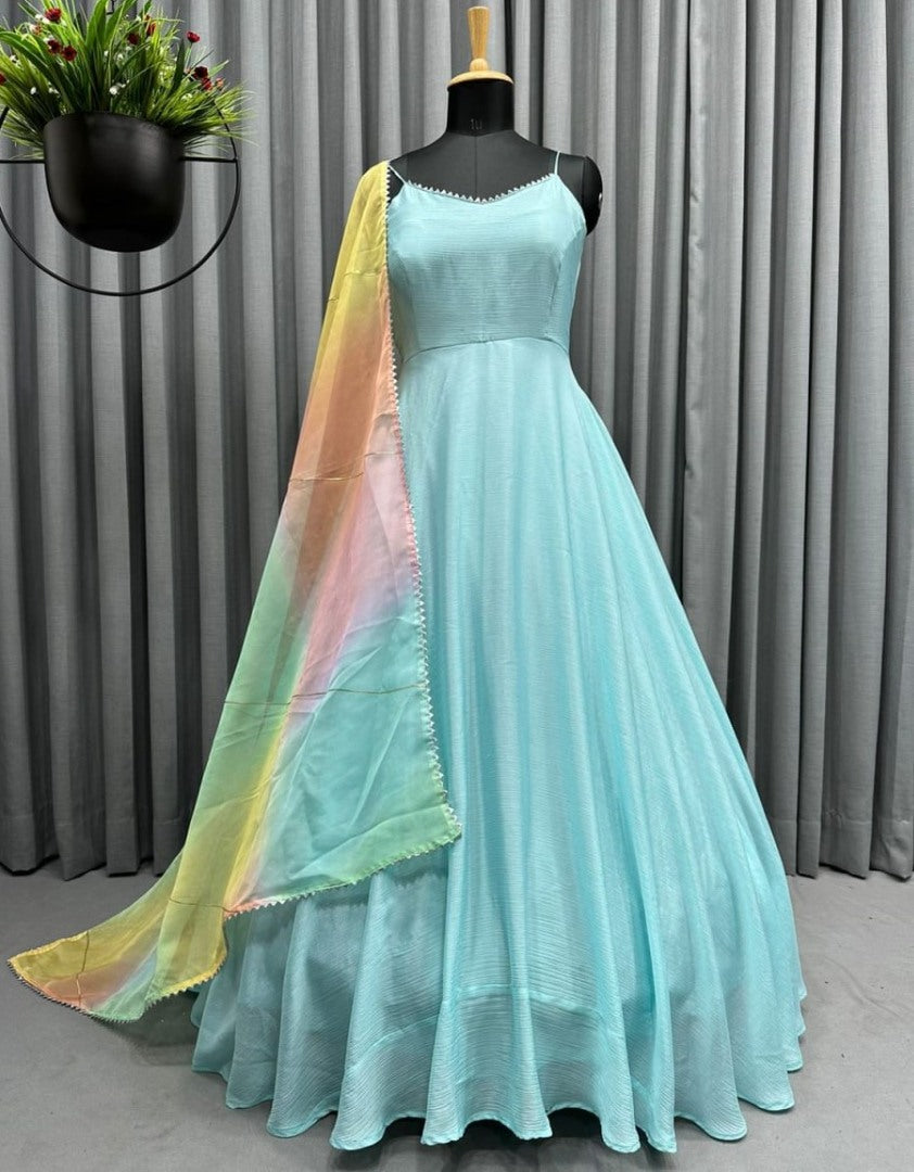 Sky blue plain gown with rainbow organza dupatta