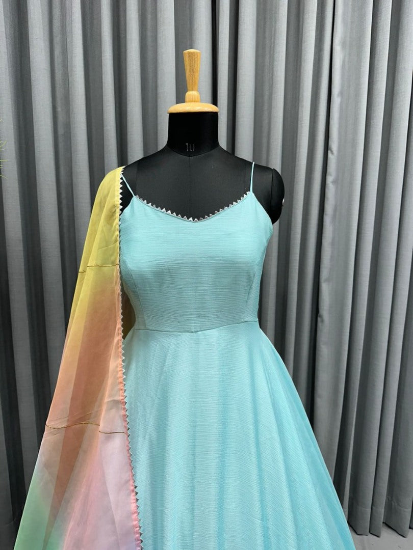Sky blue plain gown with rainbow organza dupatta