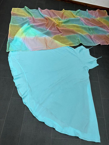 Sky blue plain gown with rainbow organza dupatta