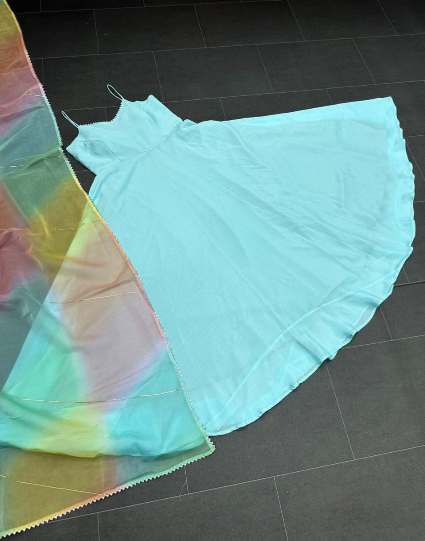 Sky blue plain gown with rainbow organza dupatta