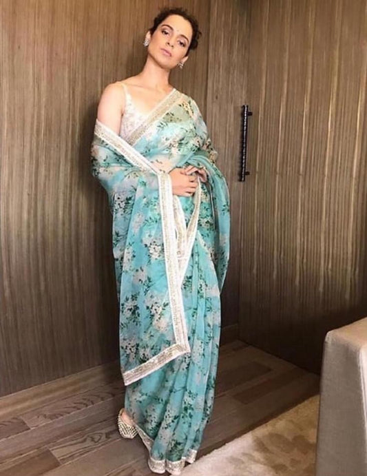 sky blue printed bollywood ceremonial saree