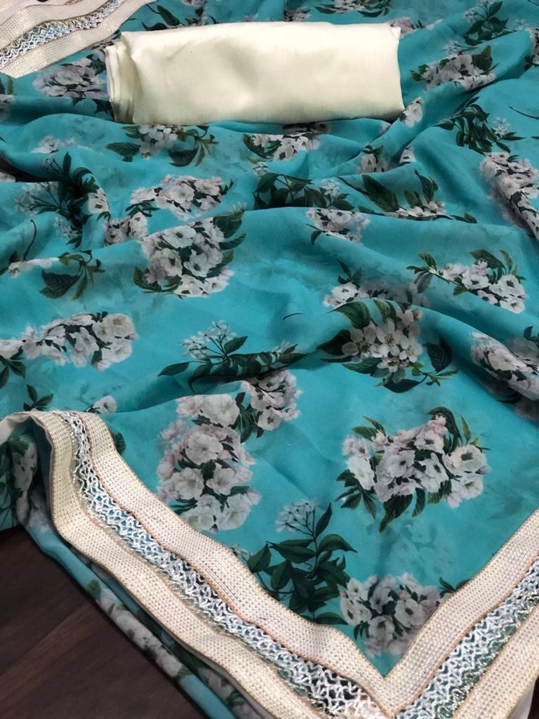 sky blue printed bollywood ceremonial saree