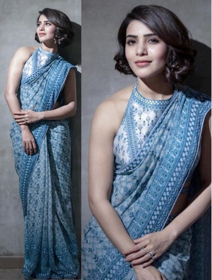 Sky blue printed bollywood style partywear saree