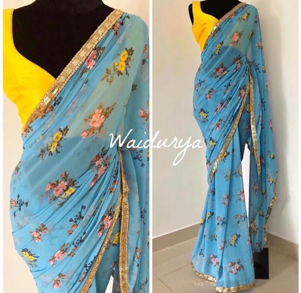 sky blue printed georgette saree