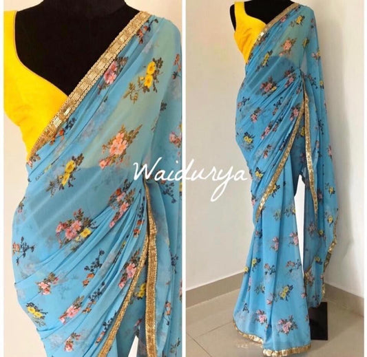 sky blue printed georgette saree