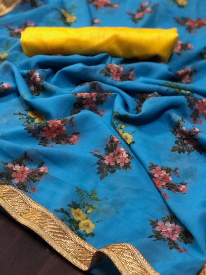 sky blue printed georgette saree