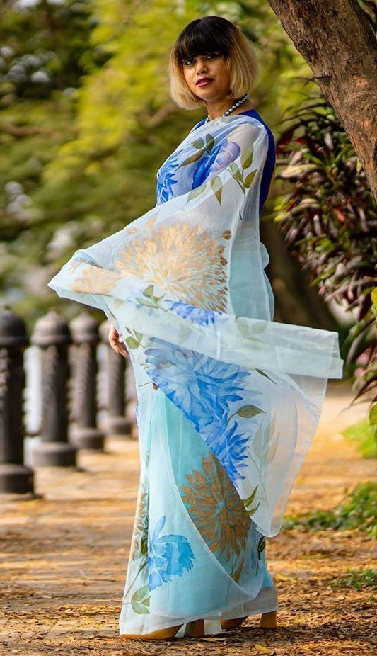 Sky blue printed organza saree