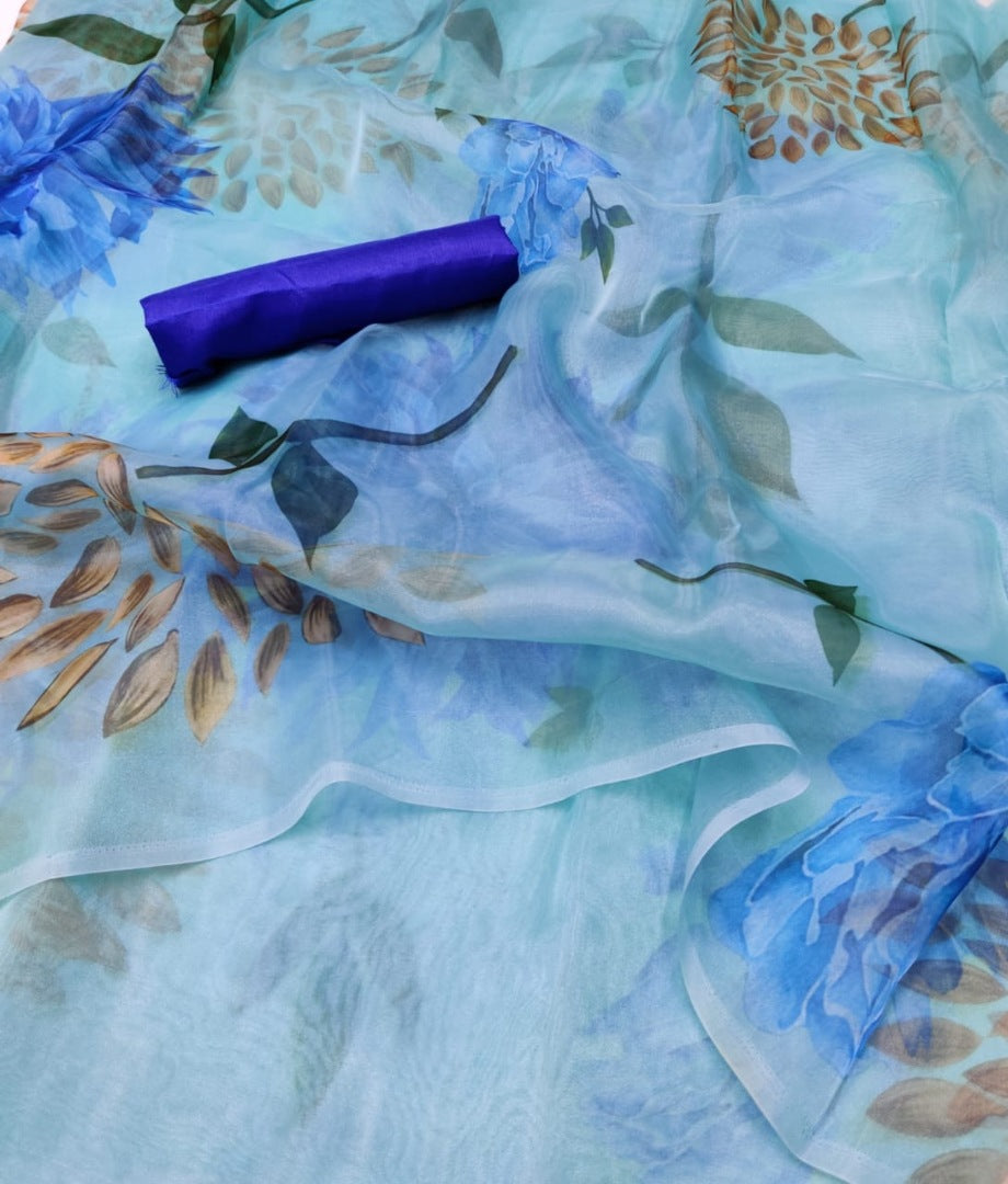 Sky blue printed organza saree