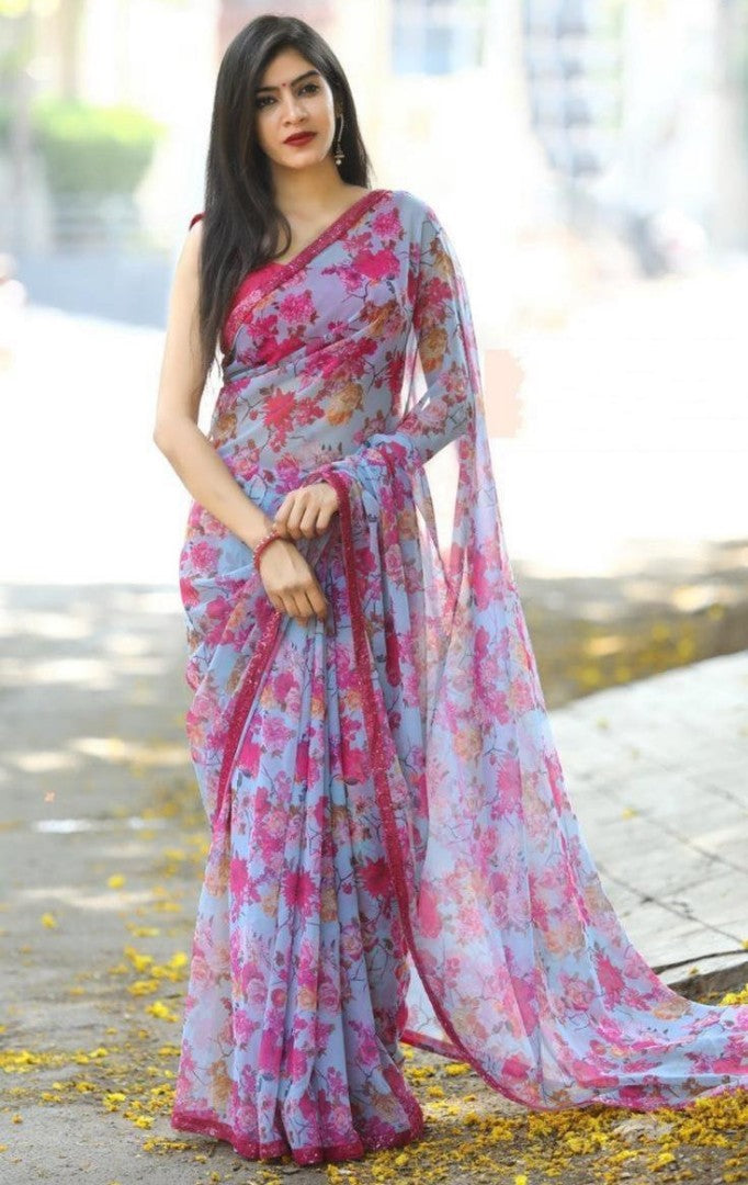 sky blue pure georgette digital floral printed regular wear saree