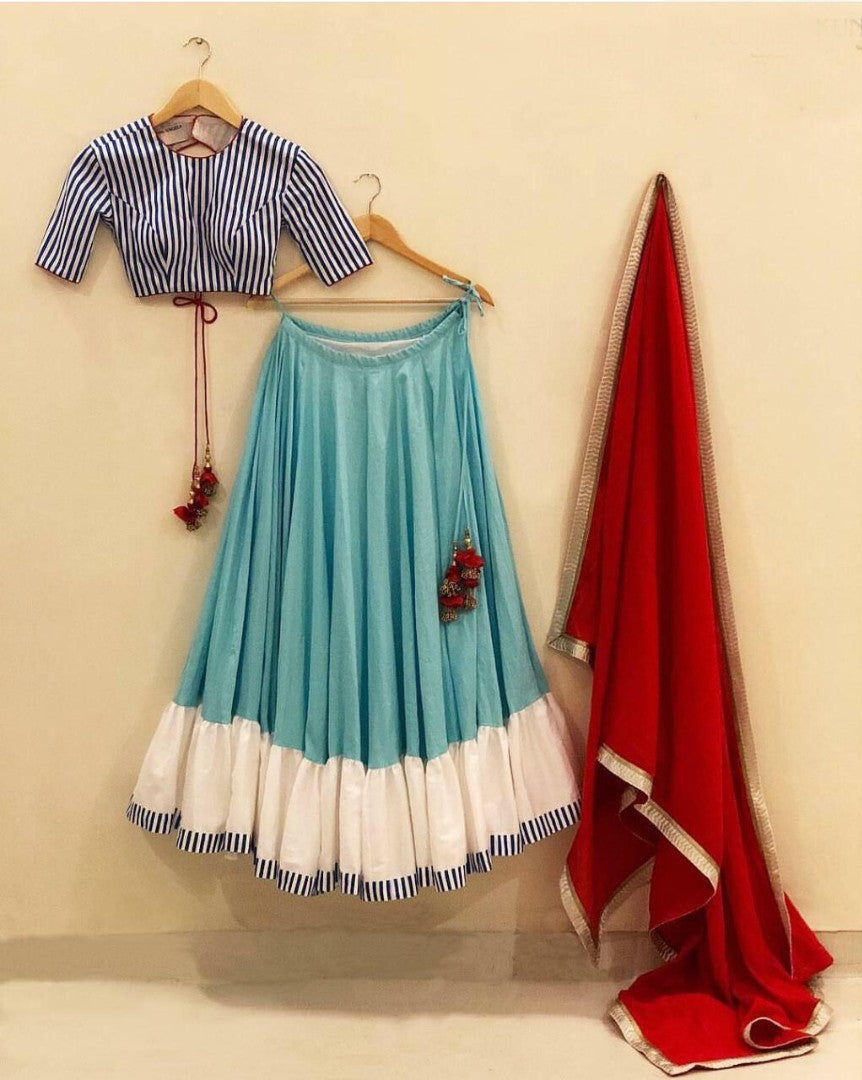 Sky blue rayon cotton silk festive lehenga choli