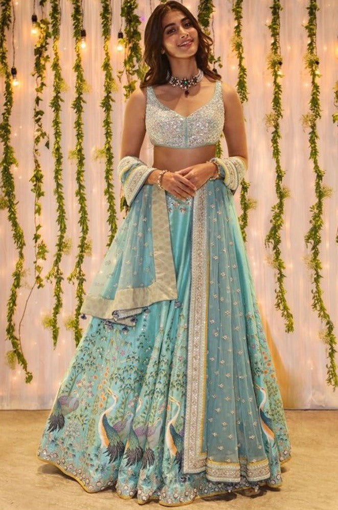 Sky blue satin banglory designer digital print and sequence worked ceremonial lehenga choli