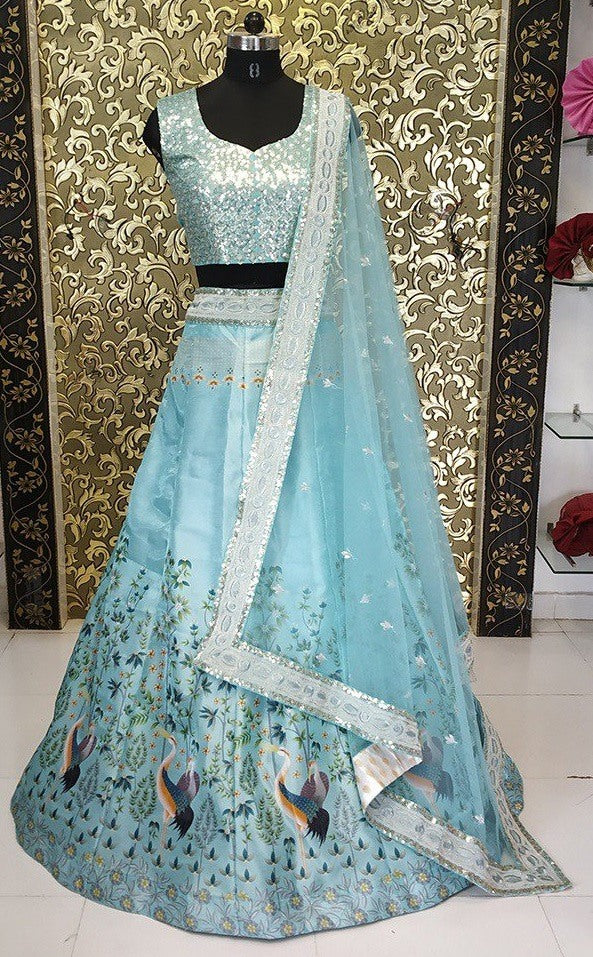 Sky blue satin banglory designer digital print and sequence worked ceremonial lehenga choli