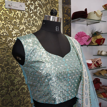 Sky blue satin banglory designer digital print and sequence worked ceremonial lehenga choli