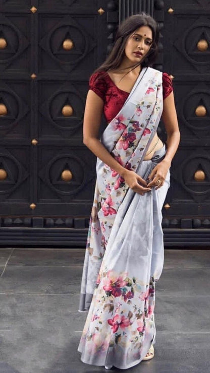 sky blue satin digital floral printed partywear saree