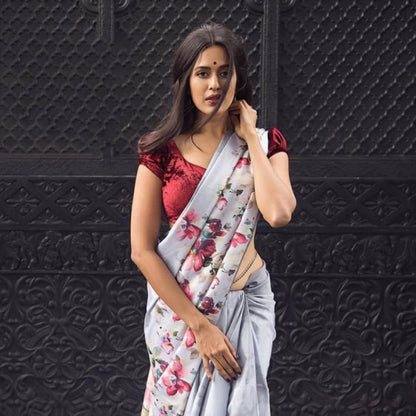 sky blue satin digital floral printed partywear saree