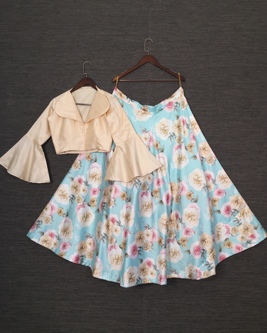 Sky blue satin floral printed crop top lehenga