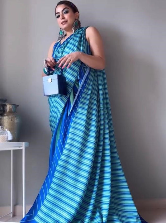 Sky blue satin silk digital printed saree