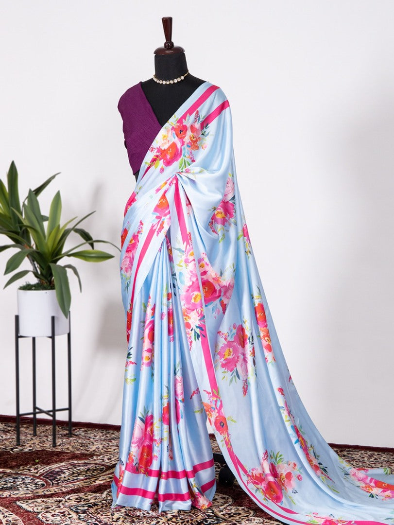 Sky blue satin silk flower printed saree