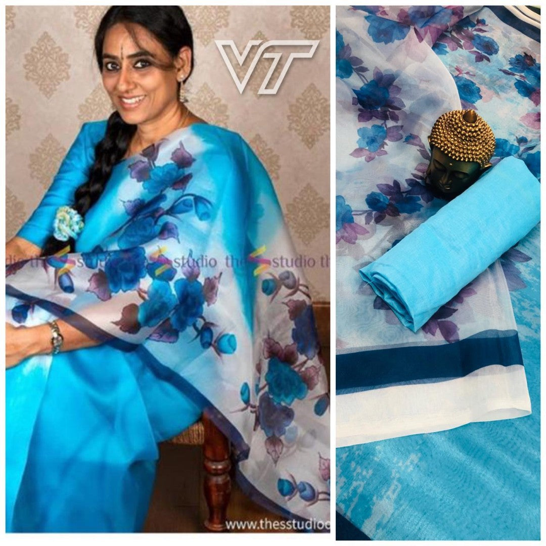 sky blue shaded orgenza digital floral printed saree