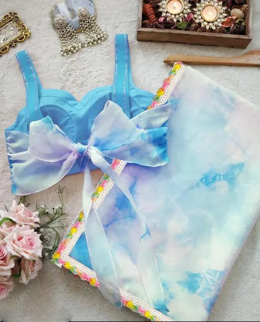 Sky blue shibori print girlish organza saree