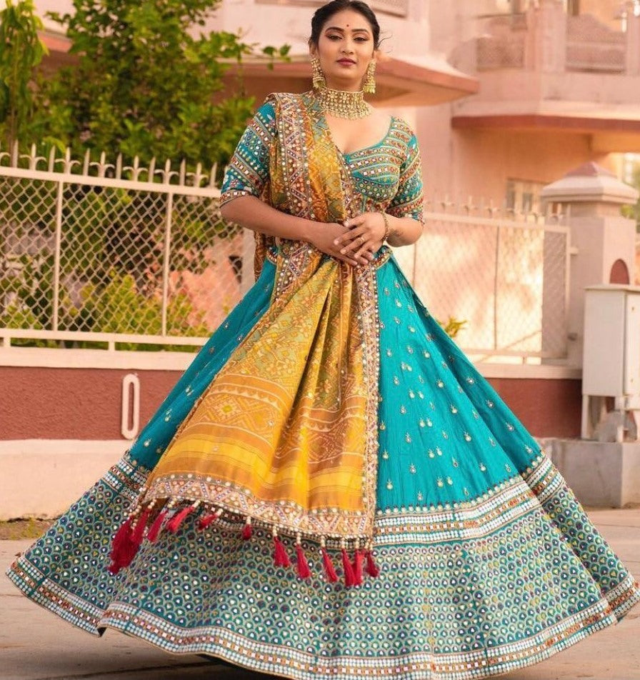 Sky blue soft butter silk digital printed real mirror work lehenga choli