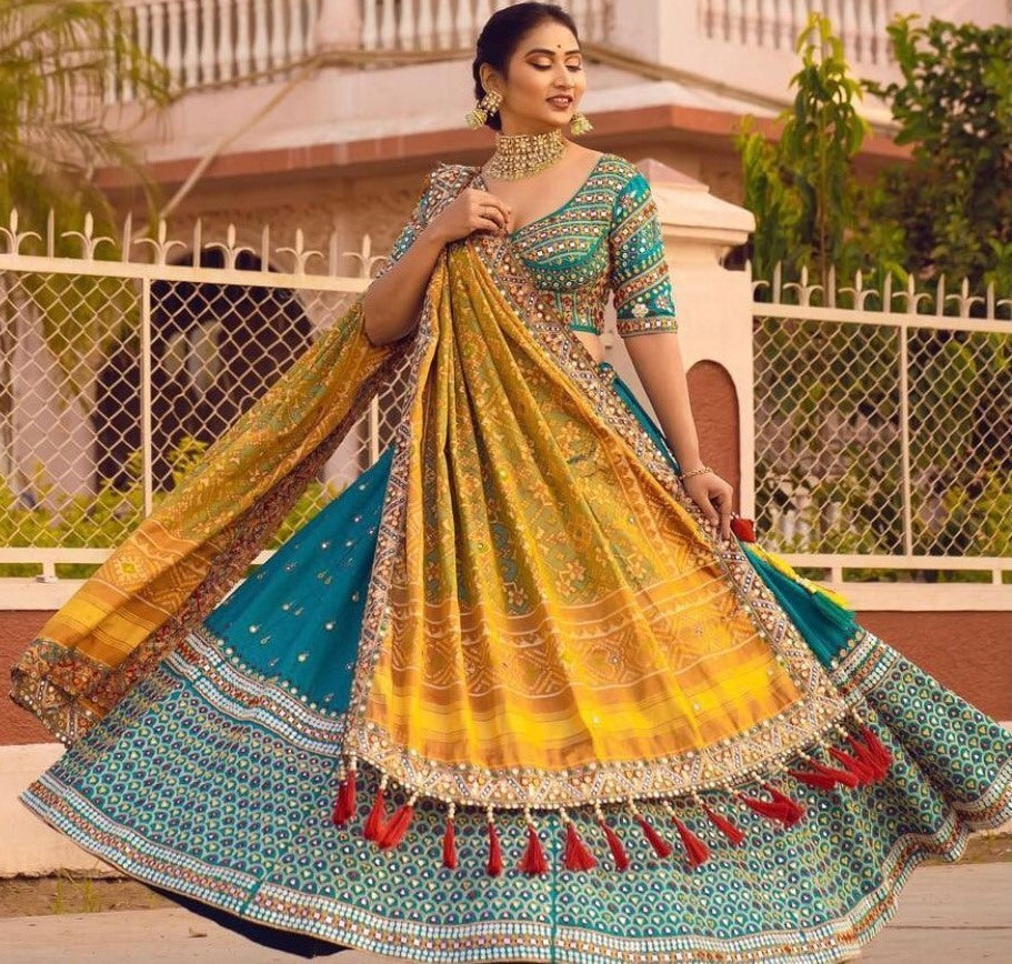 Sky blue soft butter silk digital printed real mirror work lehenga choli